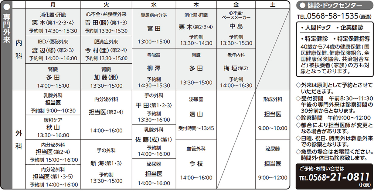 専門外来担当医表