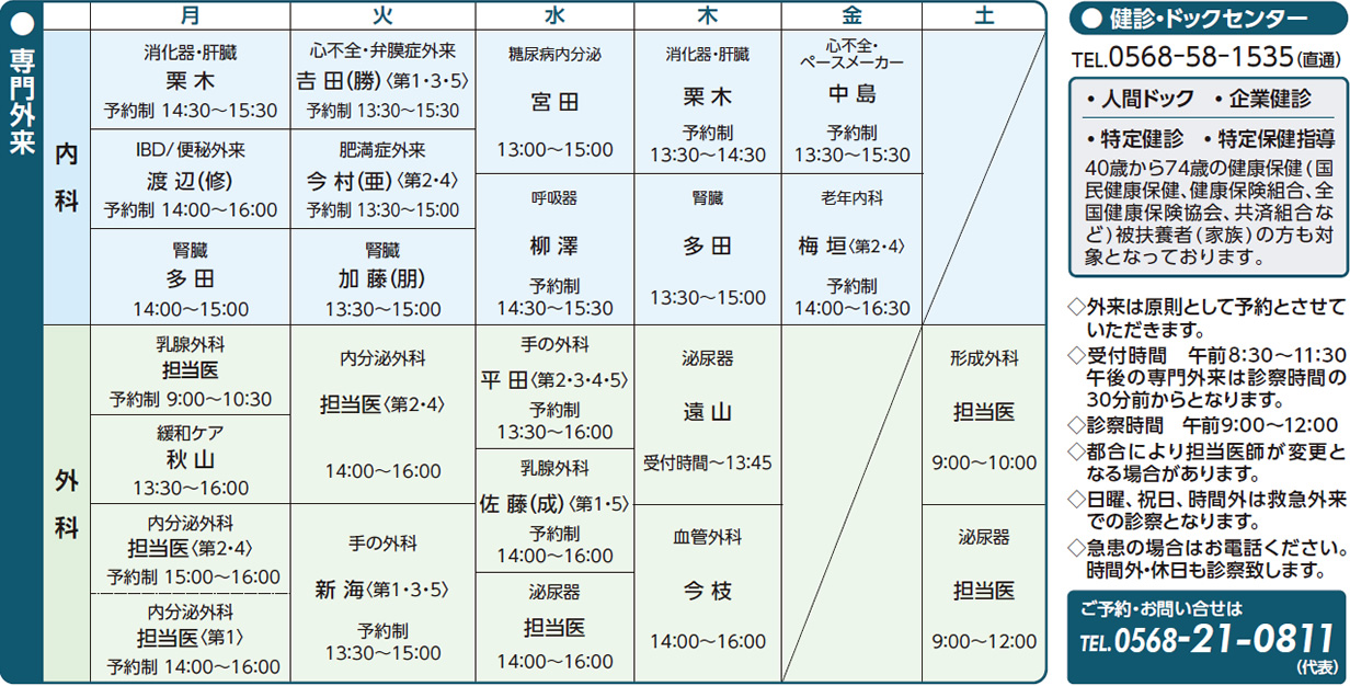 専門外来担当医表