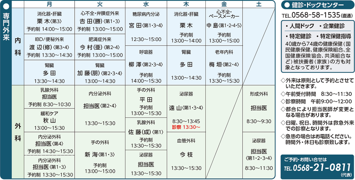 専門外来担当医表