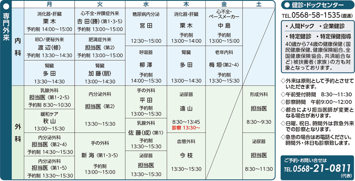 専門外来担当医表