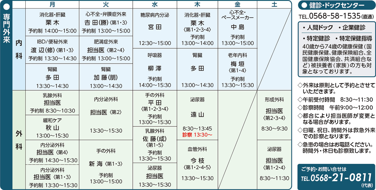 専門外来担当医表
