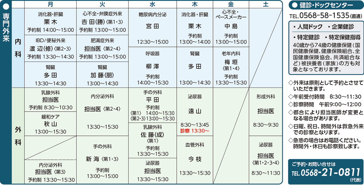 専門外来担当医表