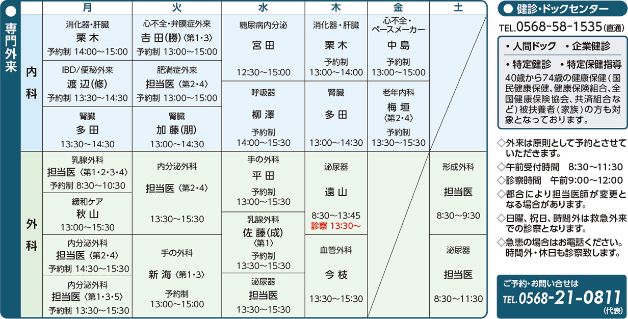 専門外来担当医表