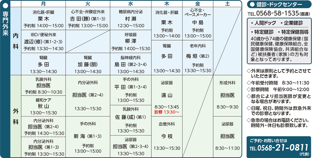 専門外来担当医表