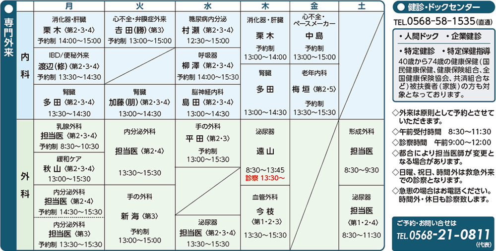 専門外来担当医表