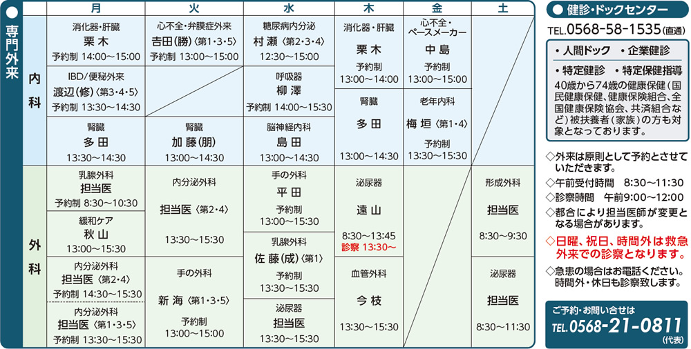 専門外来担当医表