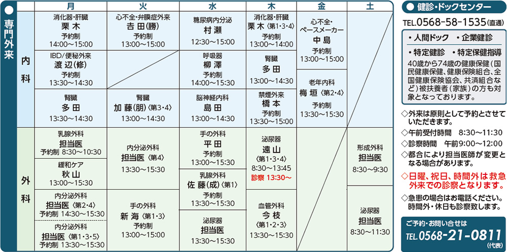 専門外来担当医表