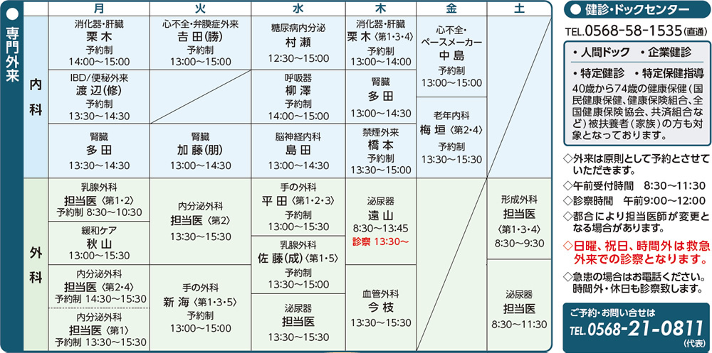 専門外来担当医表