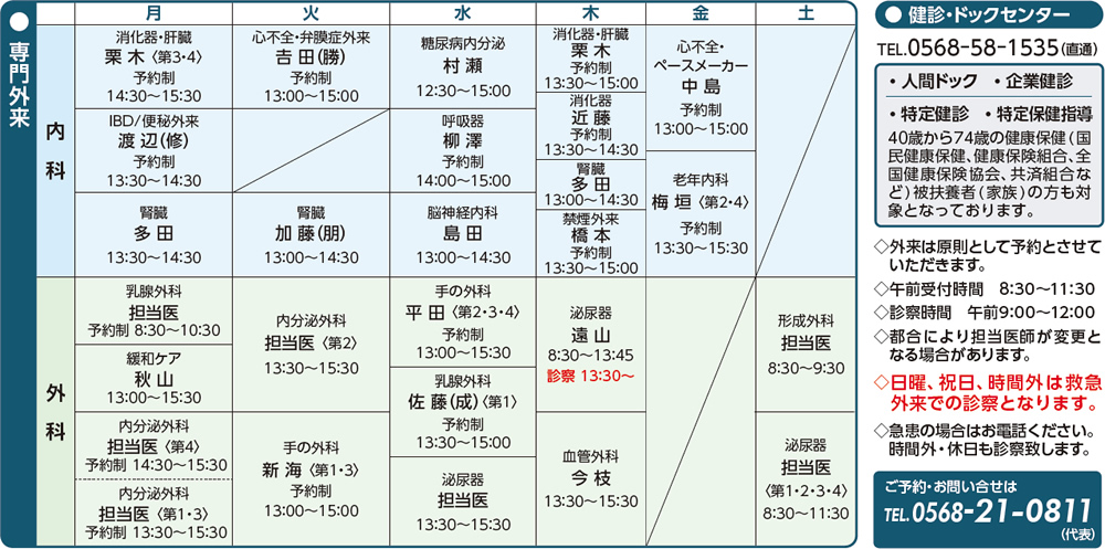 専門外来担当医表
